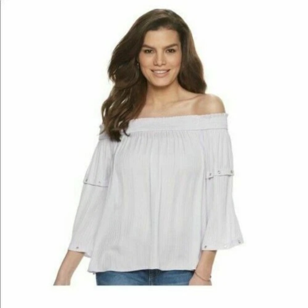 Jennifer Lopez silky satin Top Soft peach off the shoulder Blouse